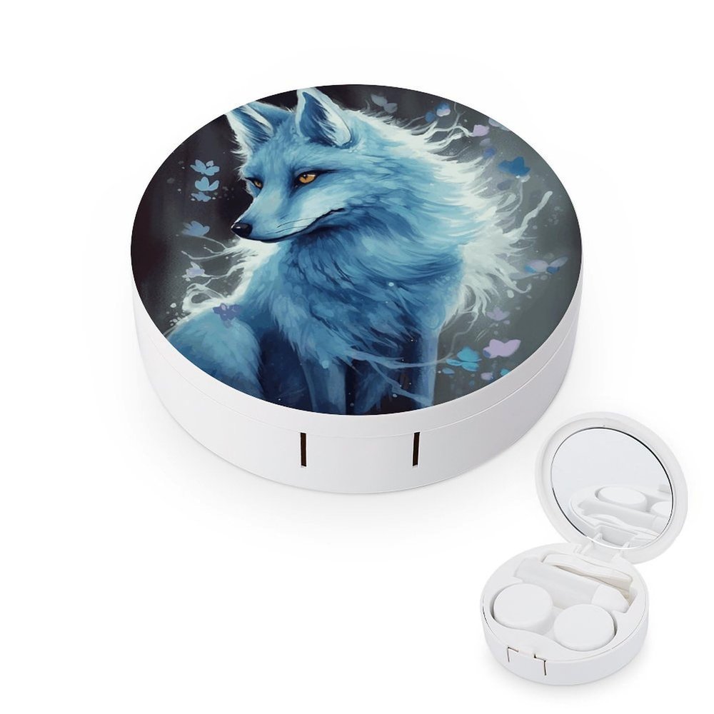 FekiLoot Blue Fox Contact Lens Cases, Cute Contact Lenses Lens Box Set Outdoor Mini Contact Lens Soak Storage Kit with Mirror Daily Vision Care And Outdoor Use