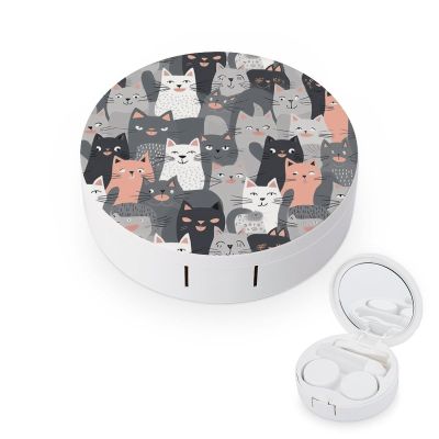 FekiLoot Cute Funny Grey Cats Pattern Contact Lens Cases, Cute Contact Lenses Lens Box Set Outdoor Mini Contact Lens Soak Storage Kit with Mirror Daily Vision Care And Outdoor Use