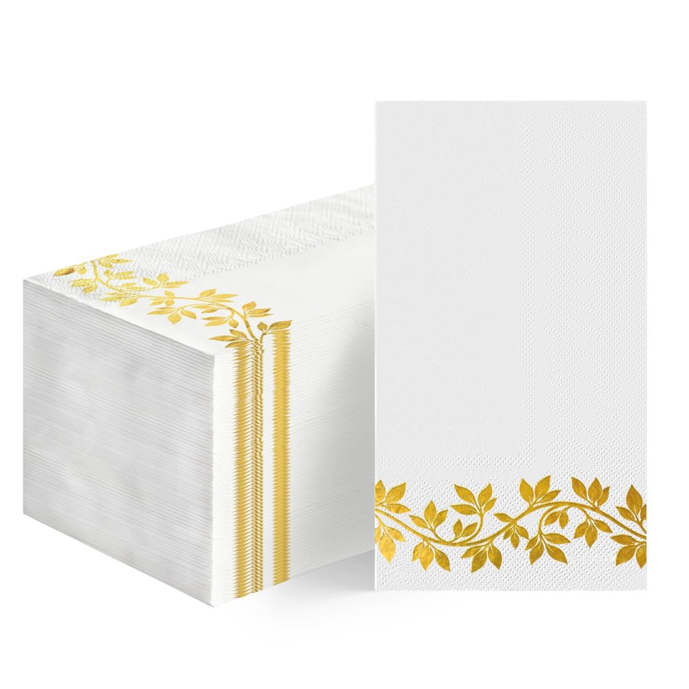 Horaldaily 100Pcs Paper Napkins, Gold Foil Leaf Elegant Pattern