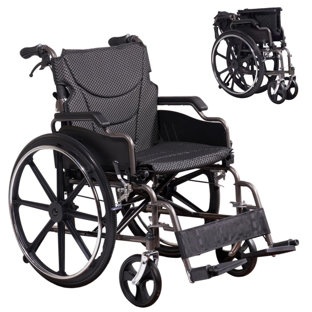 Folding Manual Transport Wheelchair Carbon Steel Dark Gray Safety Sturdy Sturdy Outdoor Travel Durable