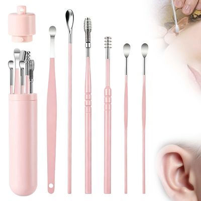 6 Set Ear Wax Removal Tool Set with Storage Tube, Professional Earwax Cleaner Kit, Stainless Steel Spring Ear Pick Tools,Stainless Steel Earwax Removal Toolkit (Pink-Storage Tube)