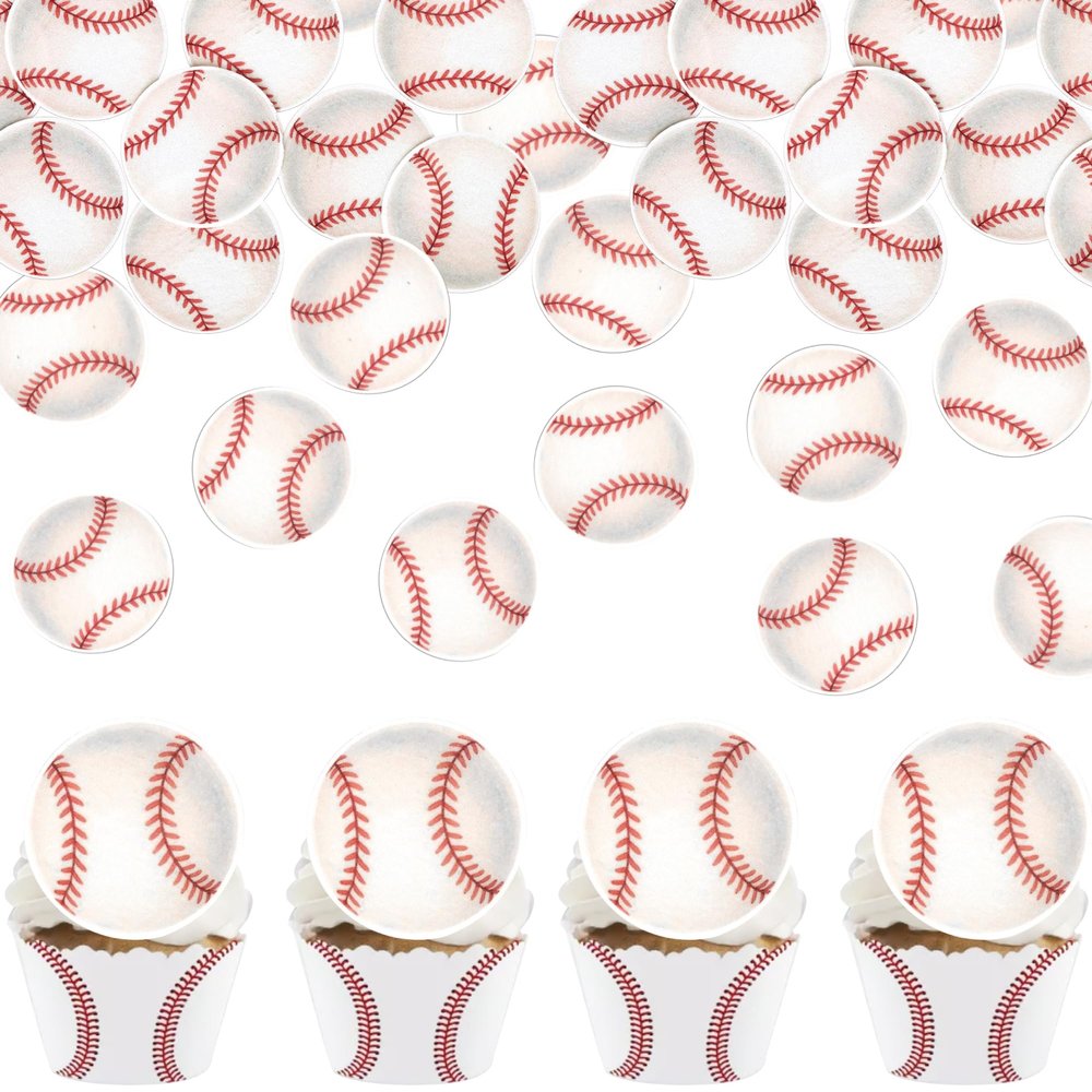 60 PCS Edible Baseball Cupcake Toppers Wafer Paper Baseball Birthday Party Decorations Edible Sports Ball Cupcake Picks for Men Boys Sports Game Baby Shower Birthday Party Cake Decorations Supplies
