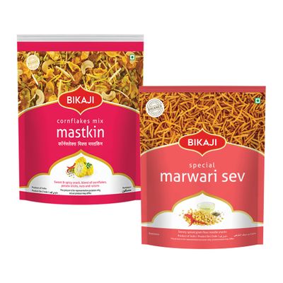 Bikaji Marvadi Sev 400G & Mastkeen 400G Combo | Ready to Eat Crunchy Indian Namkeen | Tea-Time Munchies, Bar Snack & Party Mix | Authentic Bikaneri Snack Pack for Sharing & Everyday Snacking