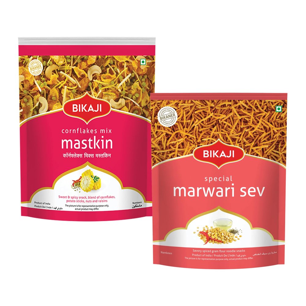 Bikaji Marvadi Sev 400G & Mastkeen 400G Combo | Ready to Eat Crunchy Indian Namkeen | Tea-Time Munchies, Bar Snack & Party Mix | Authentic Bikaneri Snack Pack for Sharing & Everyday Snacking