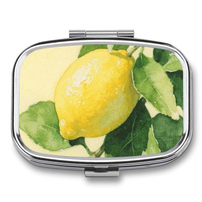 Watercolor Lemon Fruit Pill Case 2-Compartment Pill Organizer with Mirror- Portable Medicine Container for Purse & Travel, Small Medicine Box for Vitamins, Fish Oil, Supplements