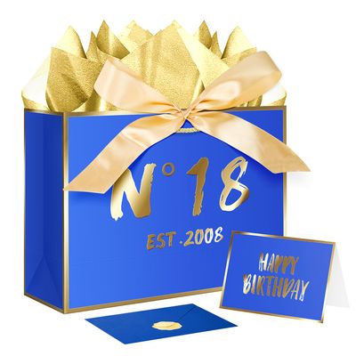 JWSCYSY 18th Blue Birthday Gift Bag with Card, Tissue Paper and Ribbon for Men Boys Birthday Party Favor, Presents Wrapping (12.6" EST 2008)