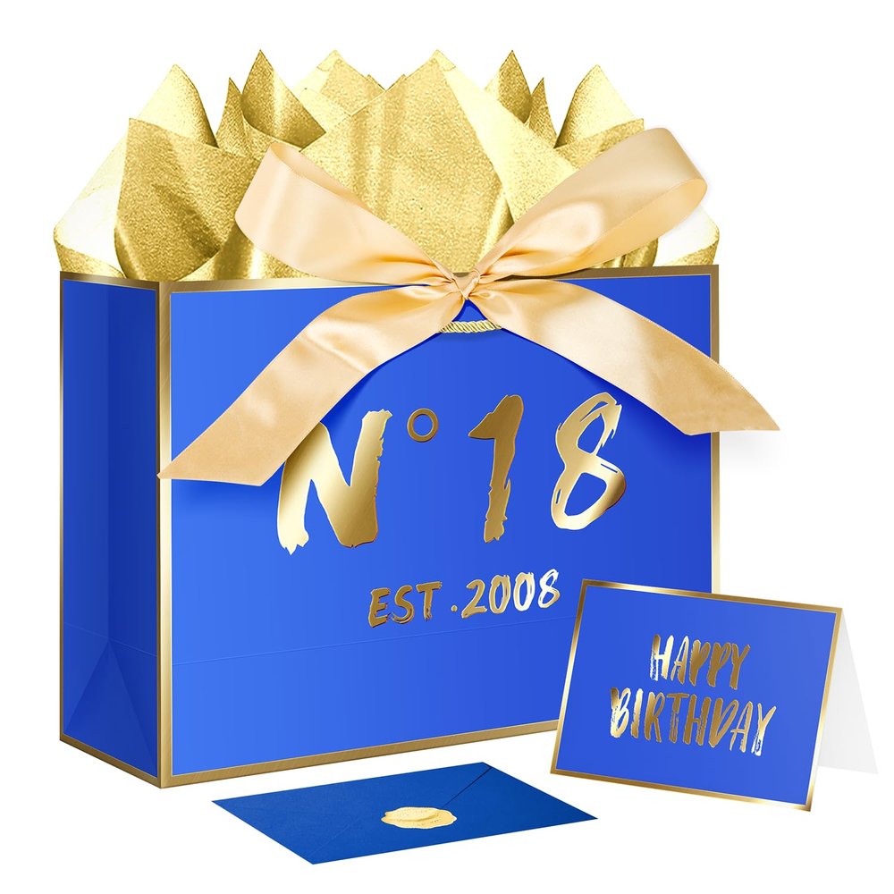 JWSCYSY 18th Blue Birthday Gift Bag with Card, Tissue Paper and Ribbon for Men Boys Birthday Party Favor, Presents Wrapping (12.6" EST 2008)