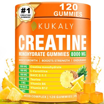 KUKALY Creatine Monohydrate Gummies for Men & Women, 8500MG Creatine Gummies Sugar Free Pineapple Flavored with L-Taurine BCAA 2:1, B12 B6 for Boost Strength, Focus & Endurance, Vegan, Non-GMO 120pcs