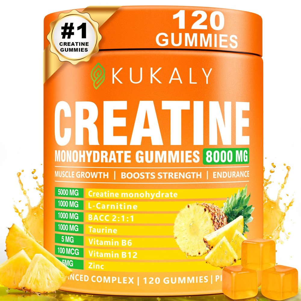 KUKALY Creatine Monohydrate Gummies for Men & Women, 8500MG Creatine Gummies Sugar Free Pineapple Flavored with L-Taurine BCAA 2:1, B12 B6 for Boost Strength, Focus & Endurance, Vegan, Non-GMO 120pcs