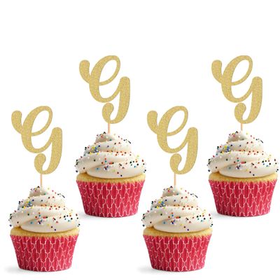 26 letter Cupcake Topper - 24 Pack Glitter Gold letter G Cupcake Decorations, Suitable for Birthday Party, Wedding Anniversary or Photo Booth Props (G)