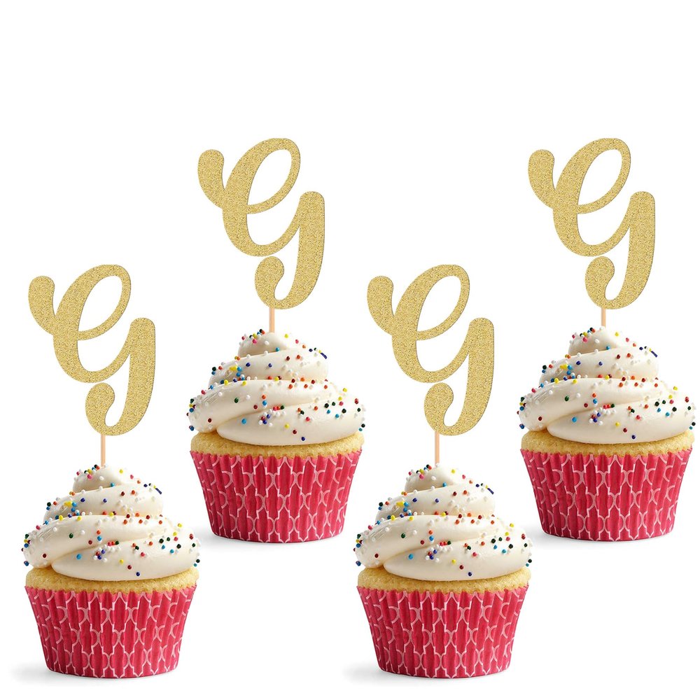 26 letter Cupcake Topper - 24 Pack Glitter Gold letter G Cupcake Decorations, Suitable for Birthday Party, Wedding Anniversary or Photo Booth Props (G)