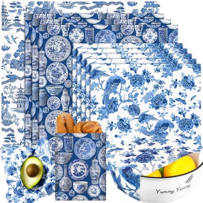Tigeen 9 Pack Reusable Beeswax Wrap for Food Chinoiserie Beeswax Paper for Sourdough Bread Cheese Paper Wrapping Wax Cloth Food Wraps Bread Sandwich Wrapper 1 XL 3 Medium 5 S (Blue,Chinoiserie)