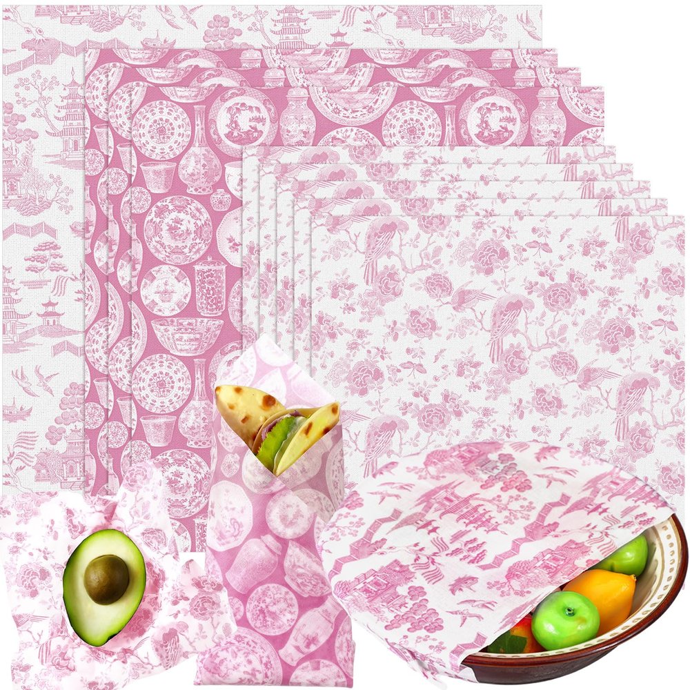 Tigeen 9 Pack Reusable Beeswax Wrap for Food Chinoiserie Beeswax Paper for Sourdough Bread Cheese Paper Wrapping Wax Cloth Food Wraps Bread Sandwich Wrapper 1 XL 3 Medium 5 S(Pink,Chinoiserie)