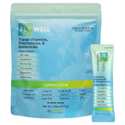 FlyWell Travel Vitamin Tonic for Flight, Jet Lag, Hydration, Circulation, Digestion & Immune Support, Promotes Calmness, Electrolyte Powder, Travel Essentials, Lemon Lime, 15 Sticks