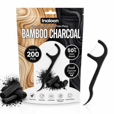 Bamboo Charcoal Dental Floss Picks 200 Count Black Charcoal Flossers with Wheat Straw Handle and Toothpick End for Daily Oral Care