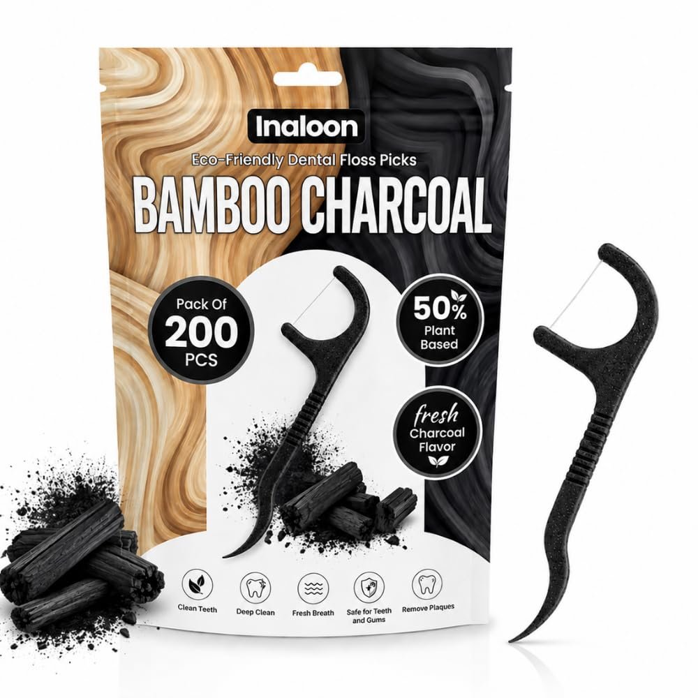 Bamboo Charcoal Dental Floss Picks 200 Count Black Charcoal Flossers with Wheat Straw Handle and Toothpick End for Daily Oral Care