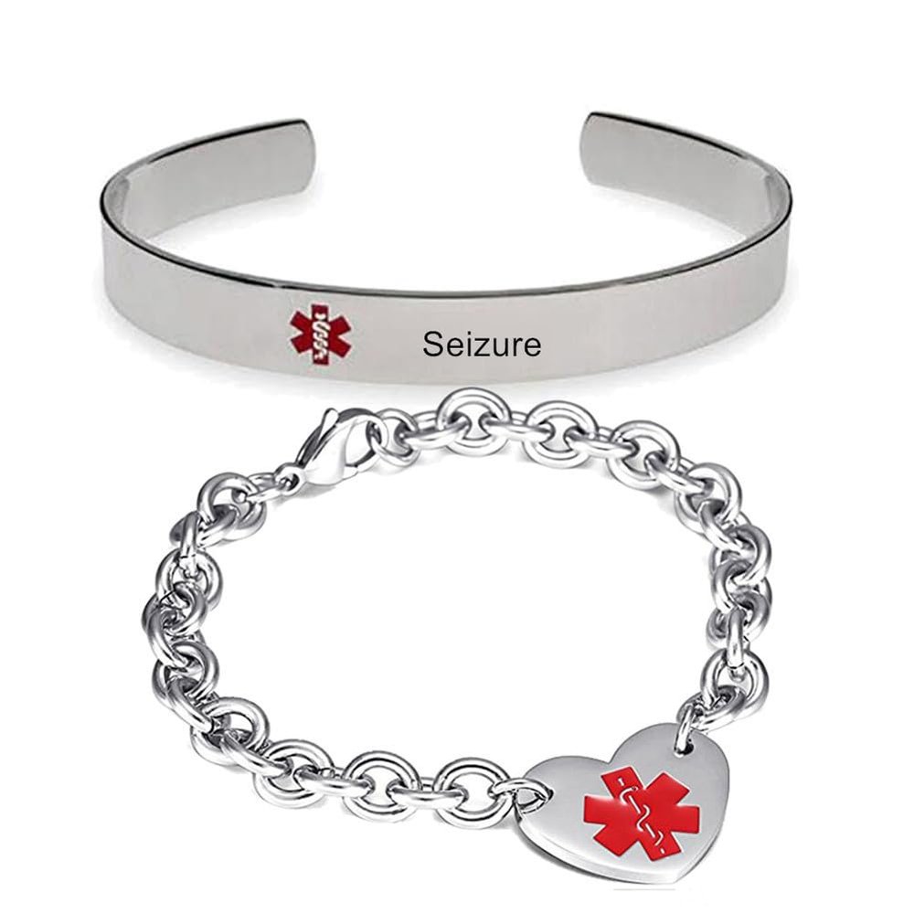 ZKXXJ Seizure Heart Medical Alert ID Bracelet for Women,2Pcs Medic Identification Bracelets Cuff Bangle Set Stainless Steel Emergency First Aid Health Alerts Monitoring Awareness Chain