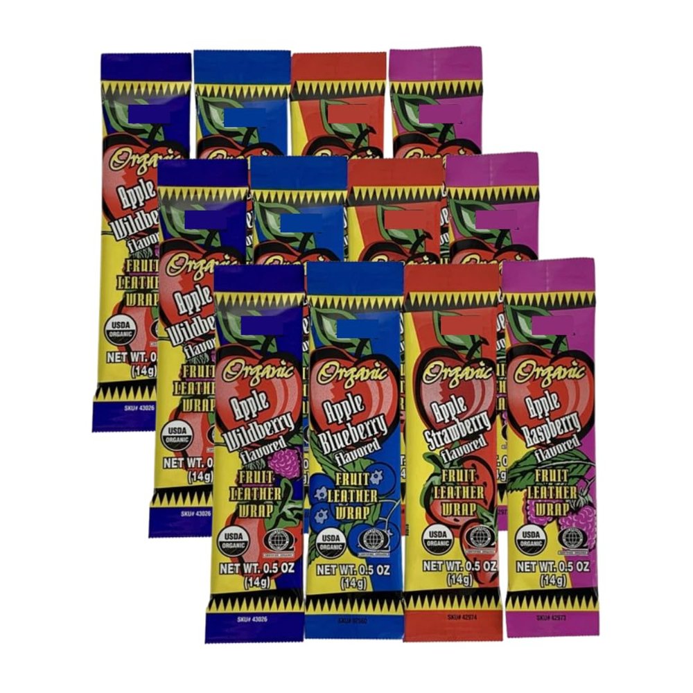 Organic Fruit Leather Wrap - Apple Strawberry/Wild Berry/Rasberry/Blueberry 12-0.5 oz (14g) 3 of each flavor - 12 PACK (Variety Berry Flavors)