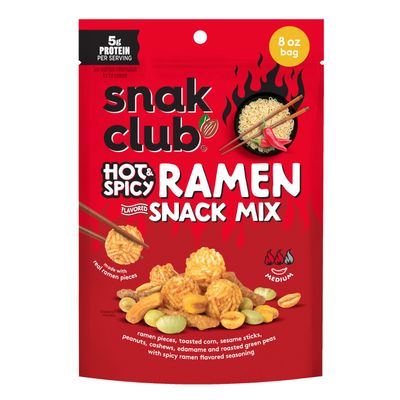 Snak Club Hot & Spicy Ramen Flavored Snack Mix, Crunchy Ramen Pieces, Toasted Corn, Sesame Sticks, Peanuts, Cashews, Edamame, Roasted Green Peas, 8 oz Resealable Bag