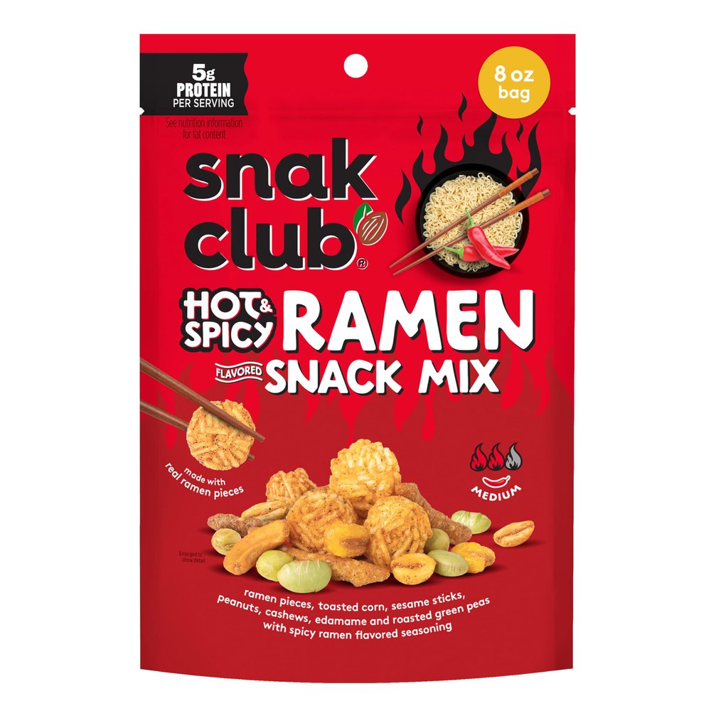 Snak Club Hot & Spicy Ramen Flavored Snack Mix, Crunchy Ramen Pieces, Toasted Corn, Sesame Sticks, Peanuts, Cashews, Edamame, Roasted Green Peas, 8 oz Resealable Bag