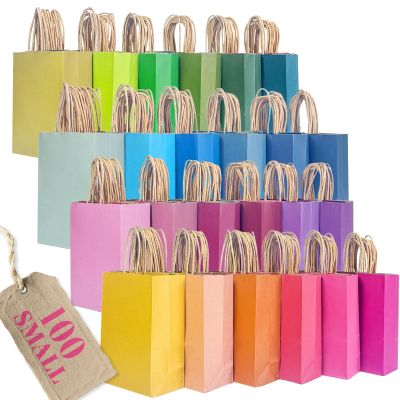 qiqee Small Mulit Color Gift Paper Bag with Handles Bulk for Rainbow Party - 8.3"x6"x3. 15" 100Pcs