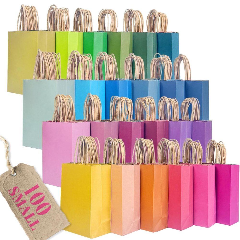 qiqee Small Mulit Color Gift Paper Bag with Handles Bulk for Rainbow Party - 8.3"x6"x3. 15" 100Pcs