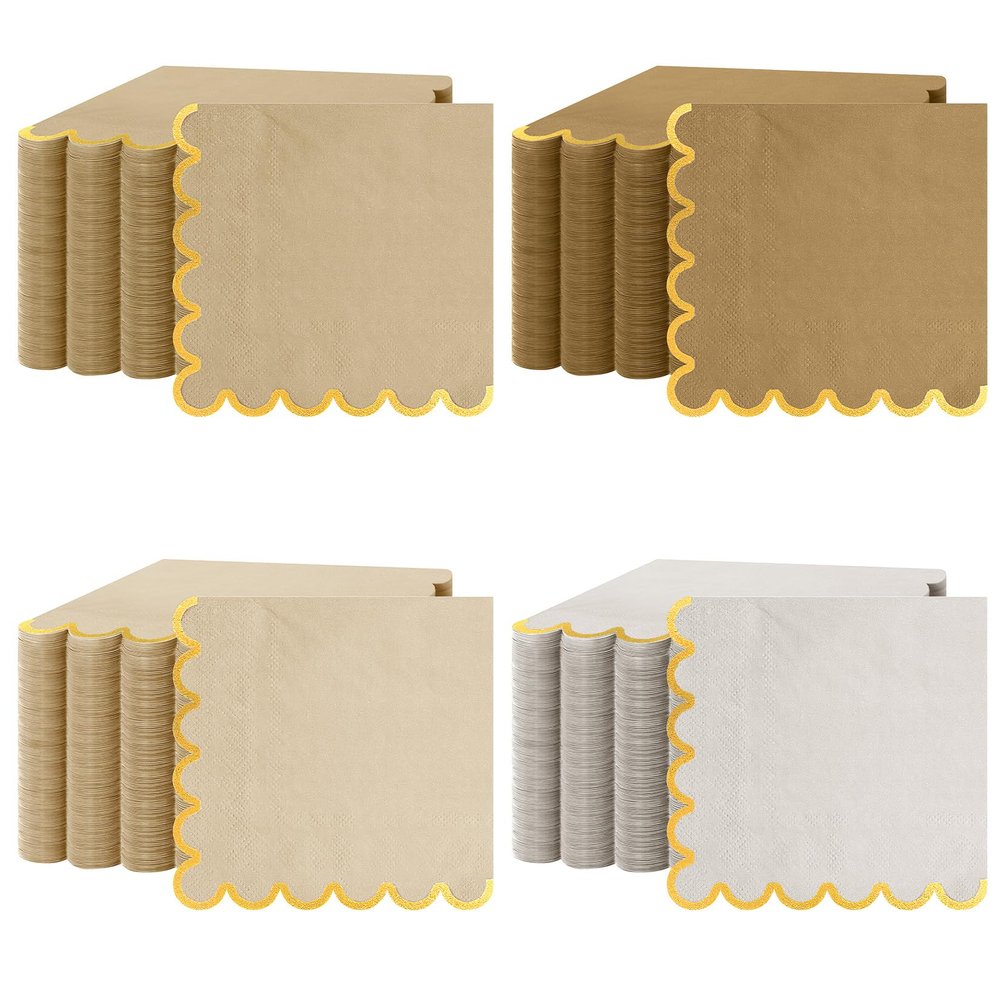 100 Pack Scalloped Napkins Disposable with Gold Foil Edges, 5 x 5 Inch Cocktail Napkins, Dessert Napkins for Wedding, Baby Shower, Birthday Party, Bridal Shower & Dinner Party Decorations
