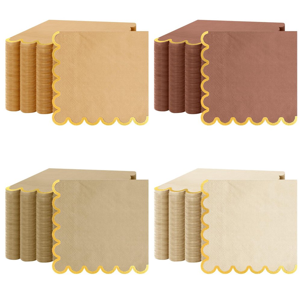 100 Pack Scalloped Napkins Disposable with Gold Foil Edges, 5 x 5 Inch Cocktail Napkins, Dessert Napkins for Wedding, Baby Shower, Birthday Party, Bridal Shower & Dinner Party Decorations(Khaki)