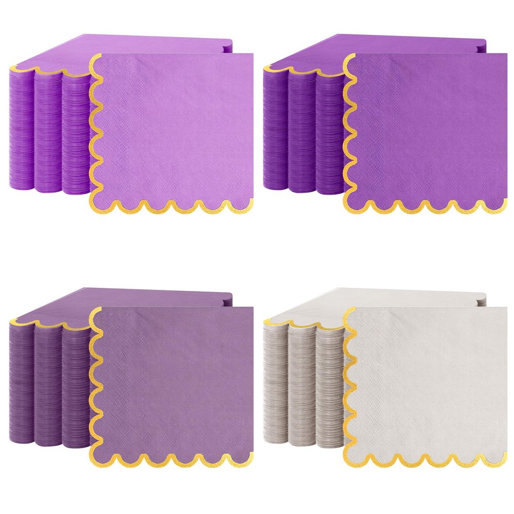 100 Pack Scalloped Napkins Disposable with Gold Foil Edges, 5 x 5 Inch Cocktail Napkins, Dessert Napkins for Wedding, Baby Shower, Birthday Party, Bridal Shower & Dinner Party Decorations(Purple)