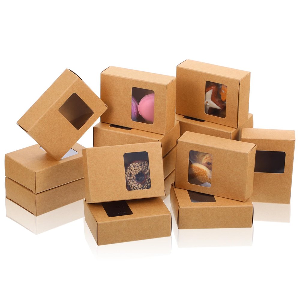 100 Pcs Paper Soap Boxes with Window, 3.5 x 2.6 x 1.2 Inch Homemade Soap Packaging Boxes Bulk for Candy, Cookies, Treats and Party Favors, Brown