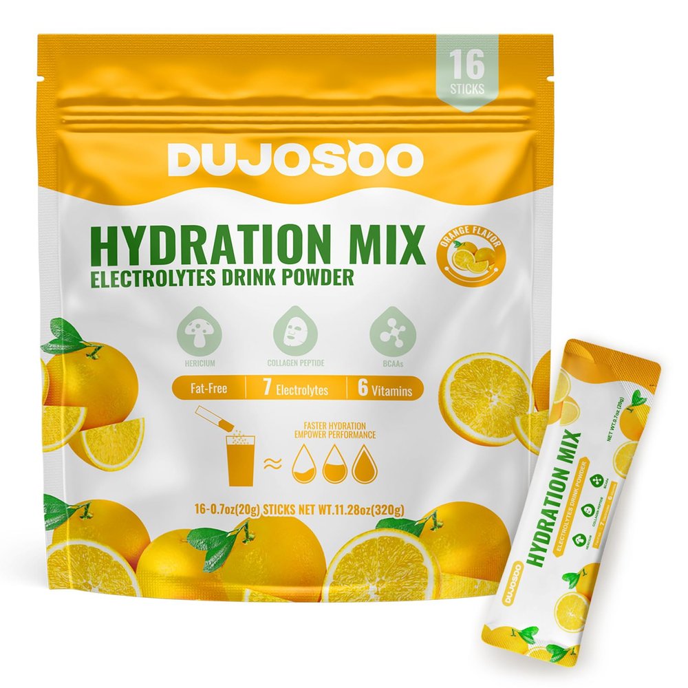 Dujosoo Electrolyte Powder, Sugar Free Sweet Orange Flavor, 7 Electrolytes & 6 Vitamins, with Lion's Mane, Collagen, BCAA, Keto Friendly, Vegan, Non-GMO, 11.28oz(16 Sticks)