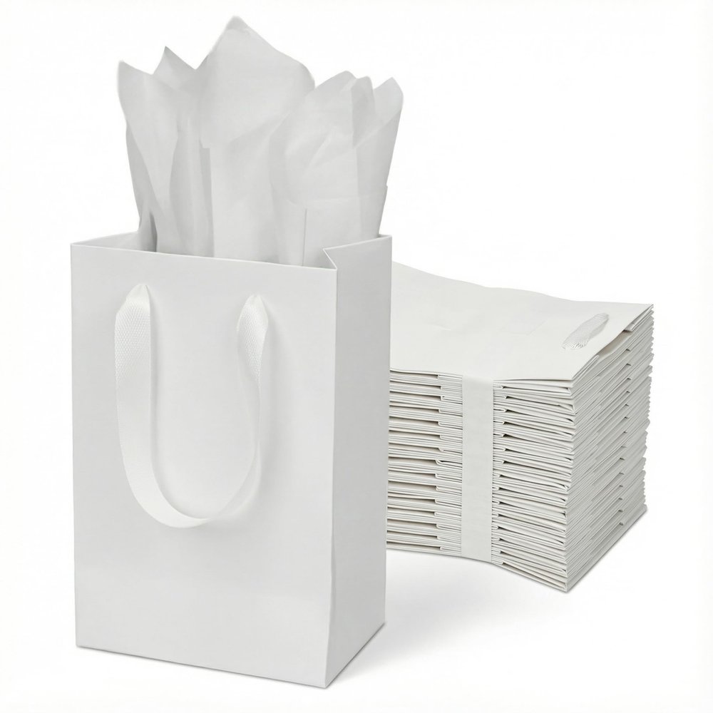 Papertide 30 Pack 5.23.28 Inch Mini White Gift Bags with Tissue Paper