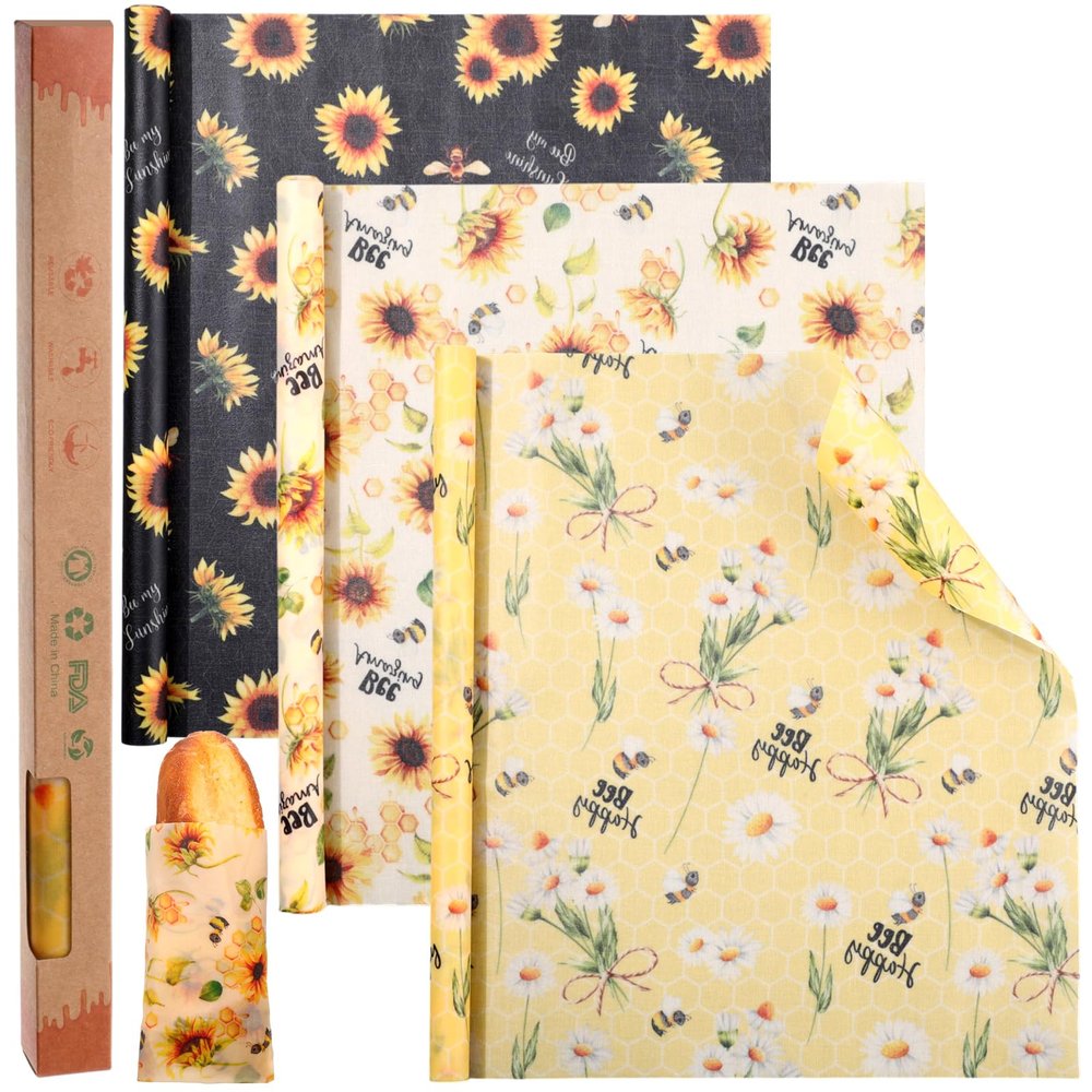 3 Rolls Reusable Beeswax Wraps for Food 13 x 40 Inches Bees Wax Wraps Reusable Food Storage Wrap Beeswax Paper Roll for Bread Sandwich Cheese Fruit Snacks(Bee)