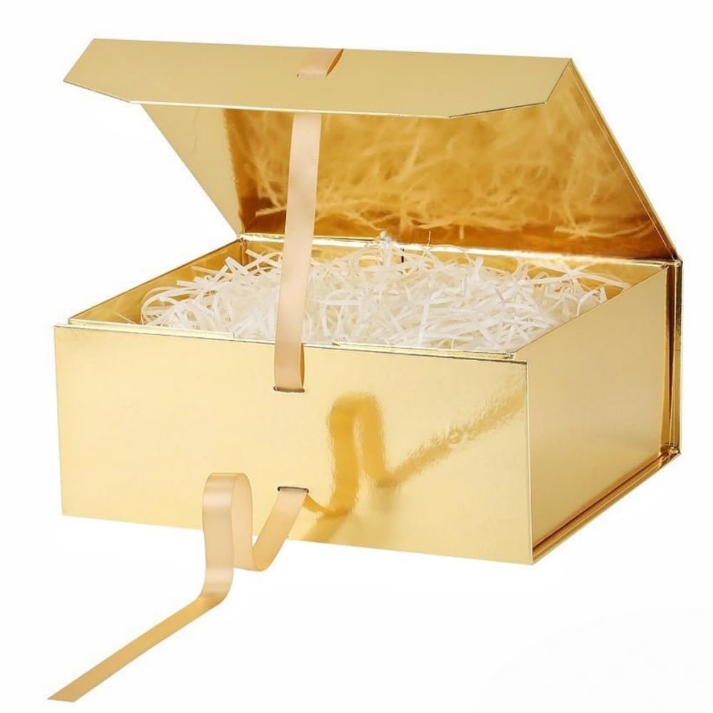 GoooodGift Large Gift Box Gold 1 Pack 13.5x11x5.3 inch Luxury Gift Box for Presents with Magnetic Closure Lid Collapsible,Birthday,Christmas,Wedding,Contains Shredded Paper Filler