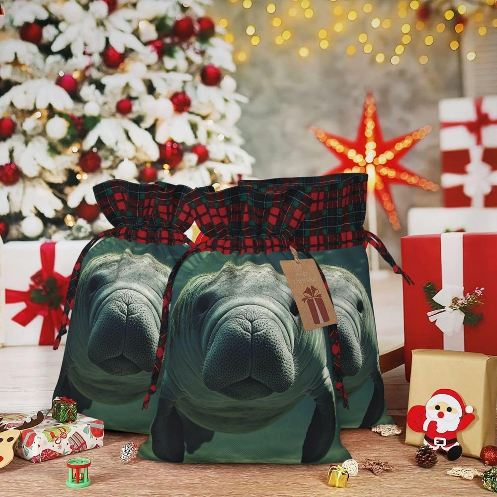 LQXNXHC Christmas Drawstring Gift Bags Assorted Sizes Xmas Wrapping Bag Manatee Animals Gift Bags Holiday Gifts Wrap Packing Pouches Favors Bag for Christmas Candy Goodie Holiday Party Favors Medium