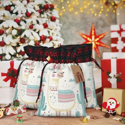 Christmas Drawstring Gift Bags Assorted Sizes Xmas Wrapping Bag Cute Hand Drawn Llama Gift Bags Holiday Gifts Wrap Packing Pouches Favors Bag for Christmas Candy Goodie Holiday Party Favors Small