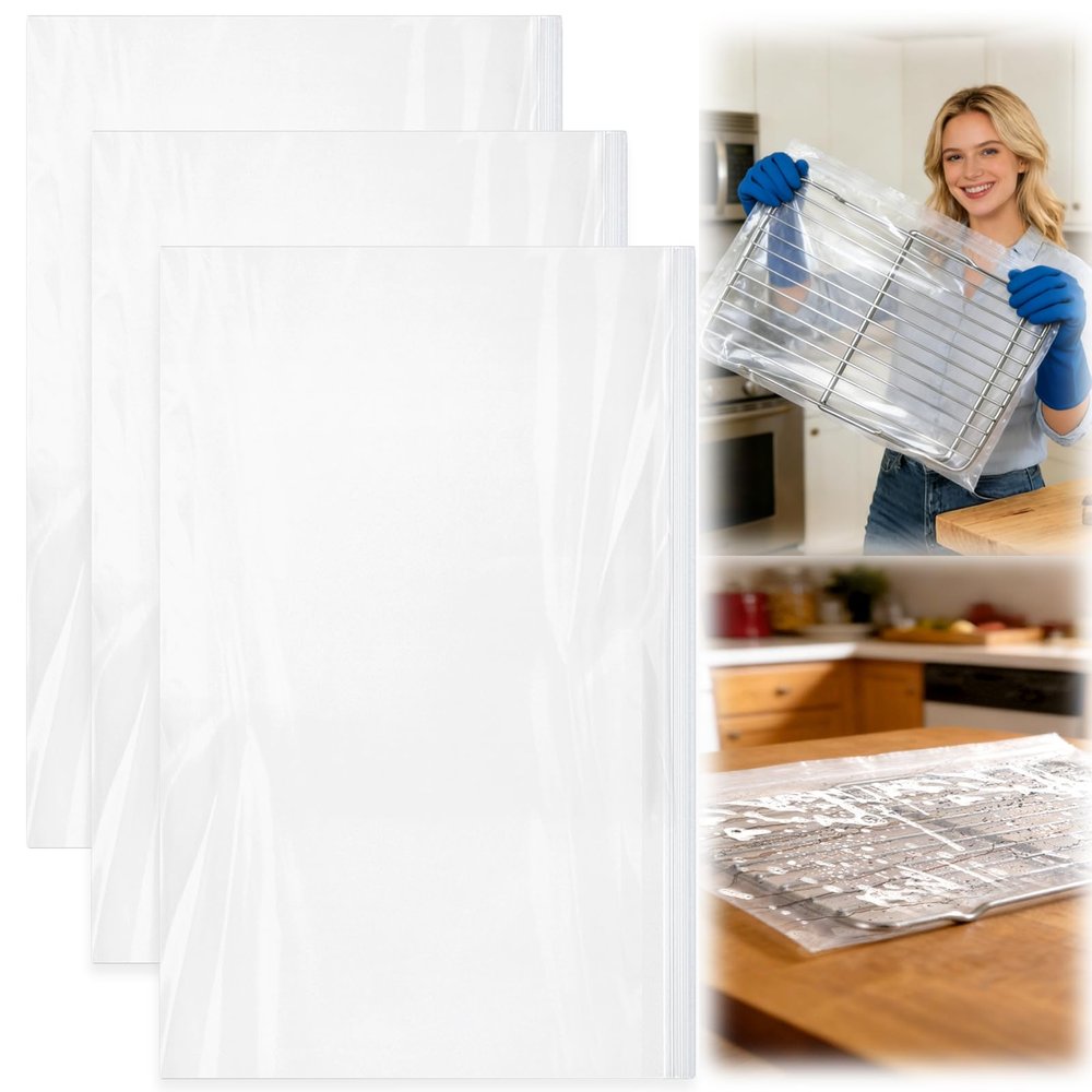 Palksky Oven Rack Cleaning Bags, 19.6 x 27.5 Inch Heavy Duty No-Scrub with Side Zipper Opening, Reusable Leak-Resistant PE for Deep Soaking Grill Grates & BBQ Racks, No Cleaner Included, 3 Pack