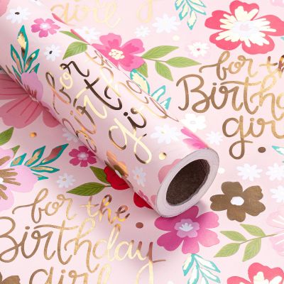 RUSPEPA Foil Birthday Wrapping Paper Roll, Mini Roll, Pink Floral & Gold Foil For the Birthday Girl Design Gift Wrap for Girls, Kids, Teens, Baby Shower, Party Favor, 17 Inches x 16.4 Feet