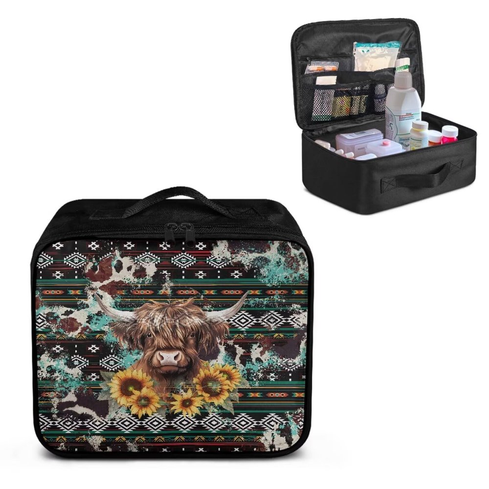 Gomyblomy Aztec Highland Cow Print First Aid Kit Bag Empty Portable First Aid Kits for Business Travel Medium Emergency Medical Kit for Cars Home Medicine Bag Medical Supplies Bags