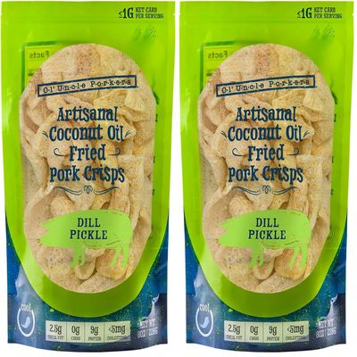 Ol' Uncle Porkers Keto-Friendly Pork Rinds Fried in Coconut Oil, 8 oz Bags, (Dill Pickle Flavor, Pack of 2)