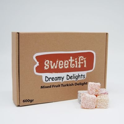 Sweetifi Mixed Fruit Turkish Delight, Premium Chewy Gourmet Vegan Candy Made with Real Fruit, Gluten Free, No Additives, Assorted Gourmet Lokum (600gr/1.3lb)