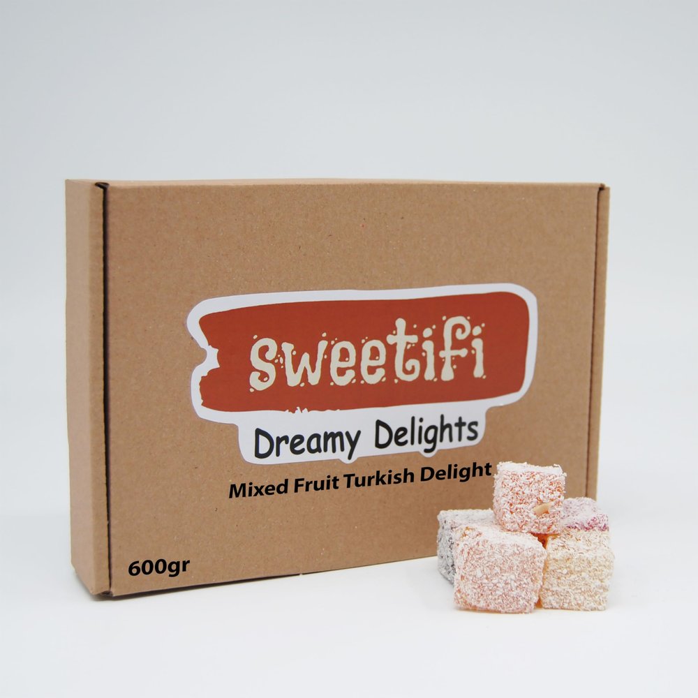 Sweetifi Mixed Fruit Turkish Delight, Premium Chewy Gourmet Vegan Candy Made with Real Fruit, Gluten Free, No Additives, Assorted Gourmet Lokum (600gr/1.3lb)