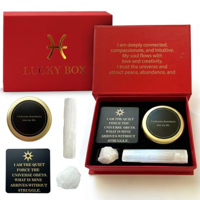 Pisces Zodiac Lucky Box Deluxe Spiritual Gift Set with Jasmine Candle, Raw Quartz, Selenite Wand, Affirmation Magnet & Energy Card | Astrology Birthday Gift for Women & Men