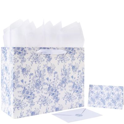 13'' Large Blue Floral Gift Bag Set with Handles, Greeting Card, White Tissue Papers and Stickers for Women Girls for Birthdays, Mother's Day, Baby shower, Valentine's Day, Bridal, Weddings, Flowers Design, 1 Pcs