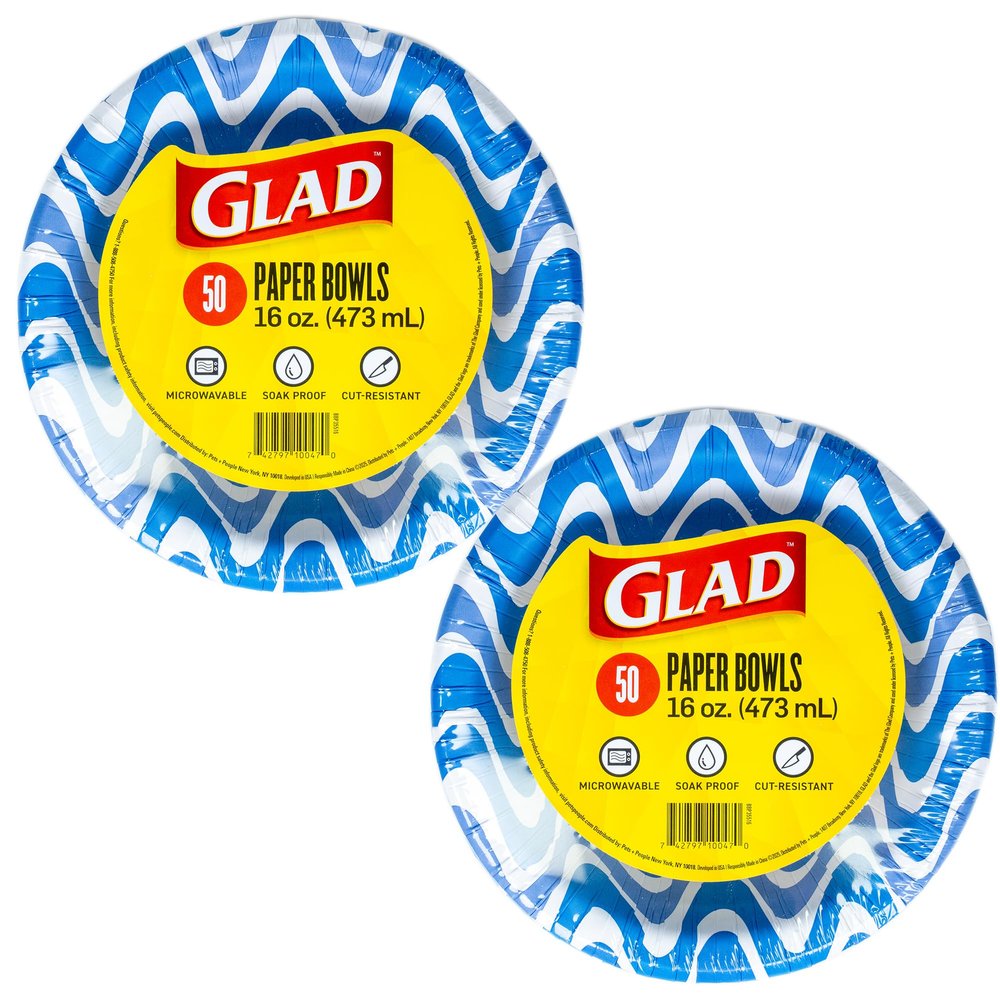 Glad Round Disposable Paper Bowls, Blue Waves Design - Heavy Duty, Soak-Proof, Cut-Resistant, Microwavable Paper Bowls for All Foods, Daily Use, and Special Occasions, 16 oz, 50 Count - 2 Pack