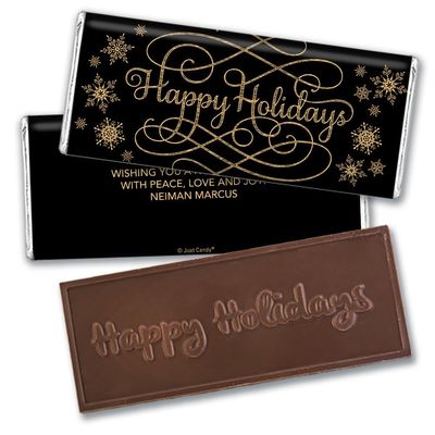 36 Pack Personalized Happy Holidays Embossed Milk Chocolate Bars For Christmas Gifting, Festive Favors, Stocking Stuffers, Custom Giveaways & More - Snowflake Ribbon (Black)
