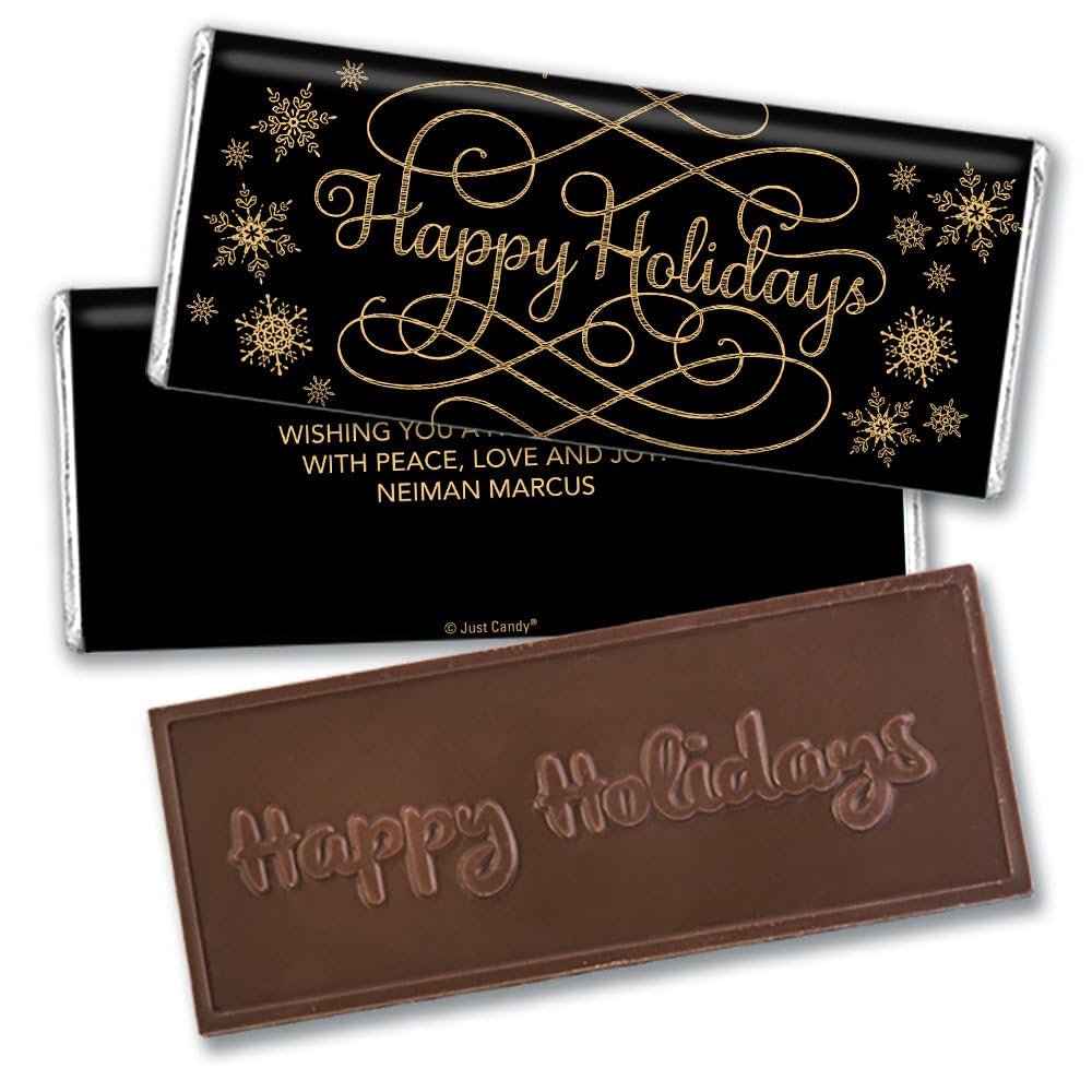 36 Pack Personalized Happy Holidays Embossed Milk Chocolate Bars For Christmas Gifting, Festive Favors, Stocking Stuffers, Custom Giveaways & More - Snowflake Ribbon (Black)