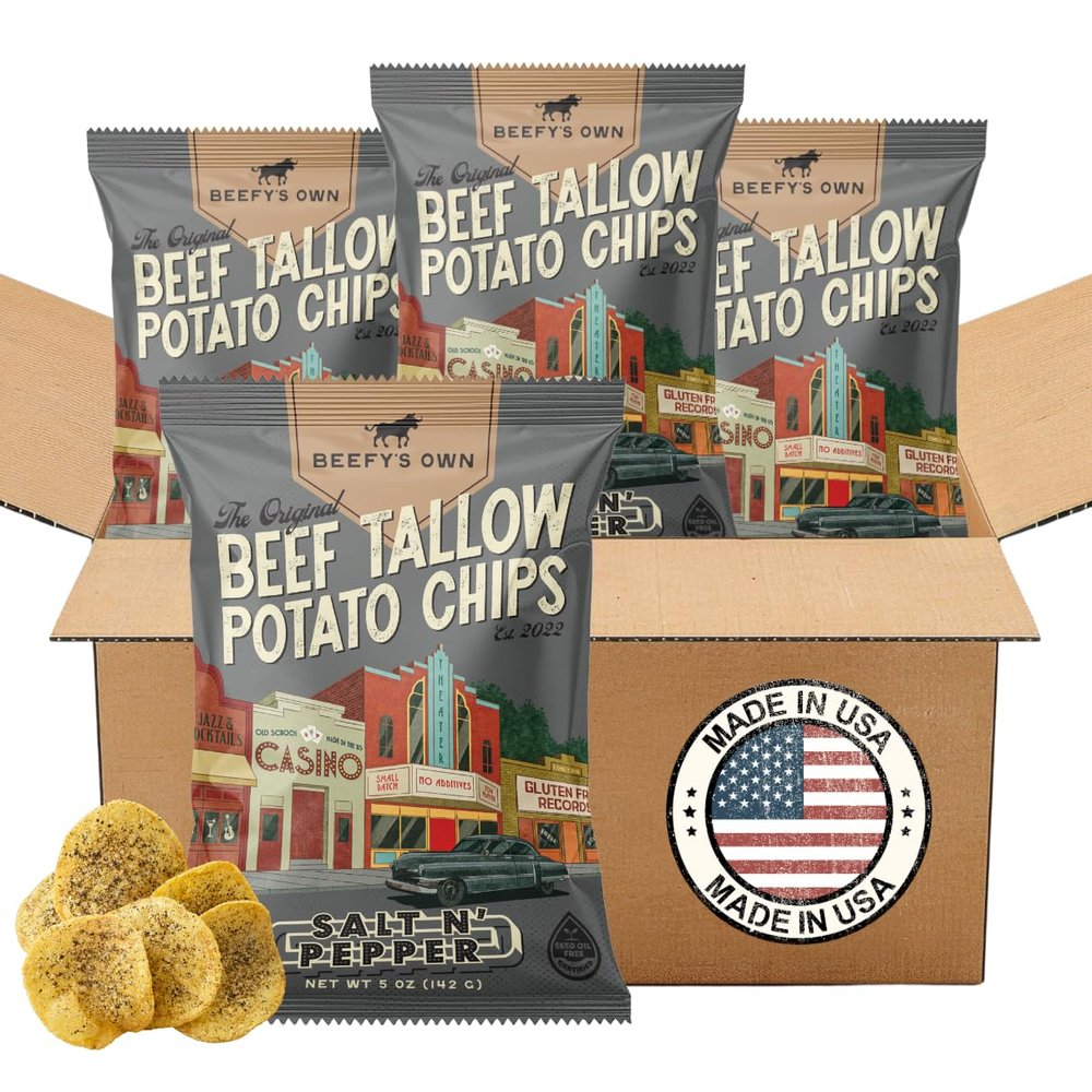 Beefys Own Beef Tallow Potato Chips - Kettle Chips Made Without Seed Oils, Gluten Free, Crispy, and Thick Cut - Old-Fashioned Small Batch Fried in Beef Tallow, Salt and Pepper (5 Oz, Pack of 4)