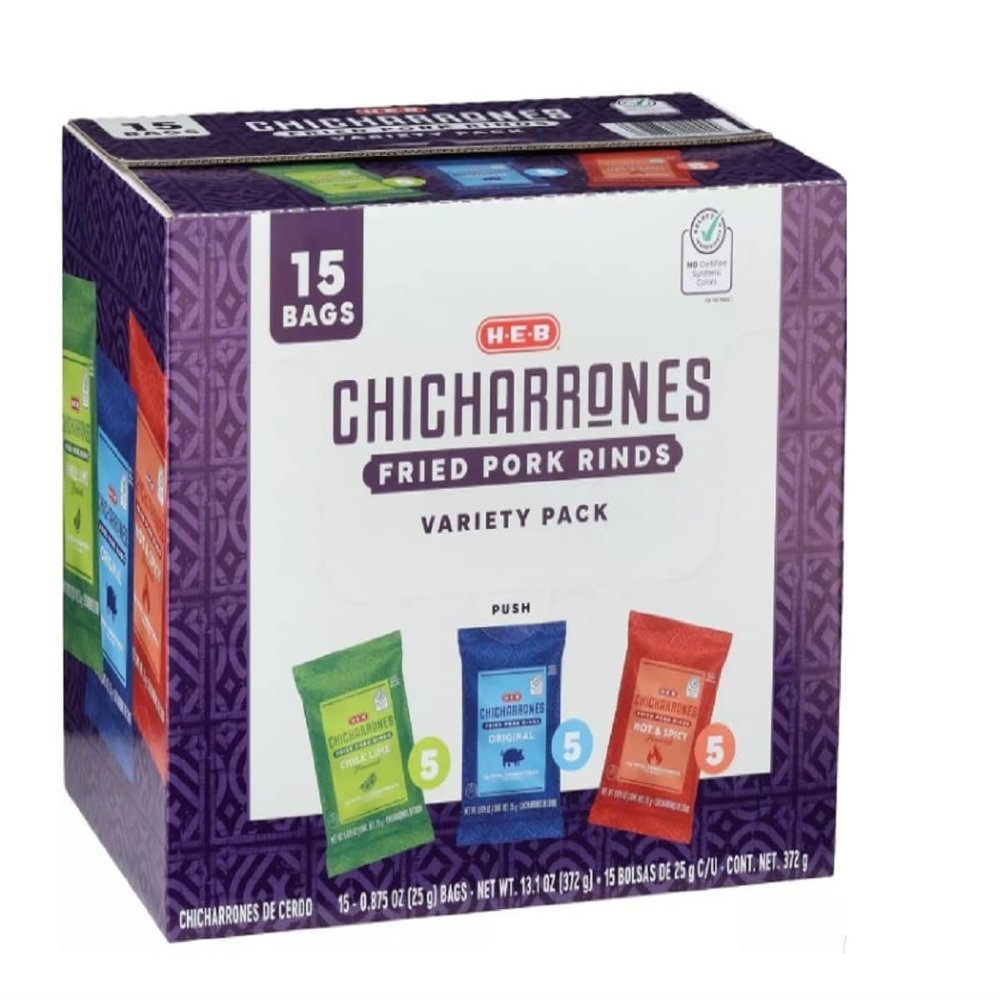 HEB Chicharrones Fried Pork Rinds - Variety Pack - 15 mini bags - Chile Lime, Original and Hot & Spicy