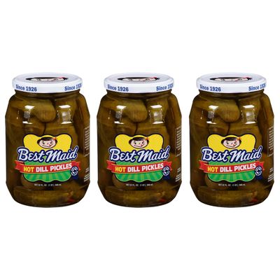 Best Maid 32 Ounce Glass Jar Pickles - Delicious and Crisp with Every Bite (3 Pack, Hot Dill Pickles)